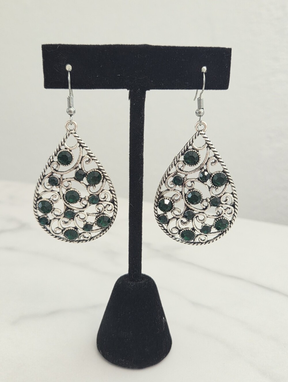 Paparazzi Silver Filigree Teardrop Earrings with Emerald Rhinestones - Picture 8 of 12